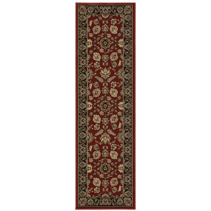 HomeRoots 4' Elegant Red Black and Tan Oriental Area Rug - Durable, Stain-Resistant, Perfect for Any Room 8' Runner 576018