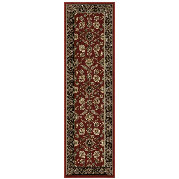 HomeRoots 4' Elegant Red Black and Tan Oriental Area Rug - Durable, Stain-Resistant, Perfect for Any Room 8' Runner 576018