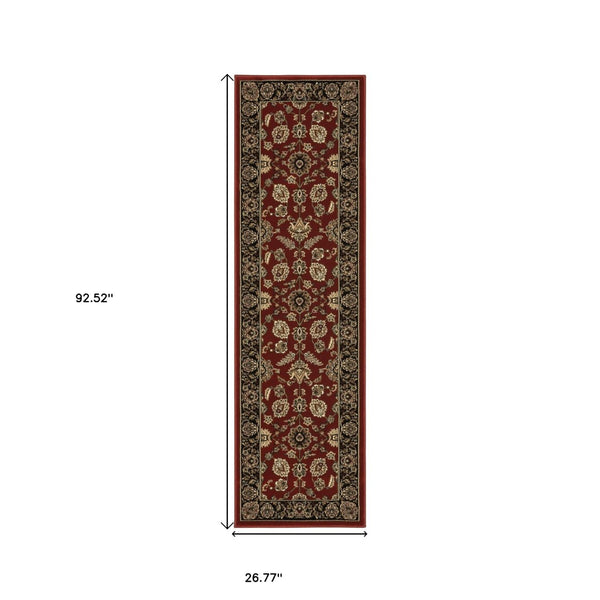 HomeRoots 4' Elegant Red Black and Tan Oriental Area Rug - Durable, Stain-Resistant, Perfect for Any Room 8' Runner 576018