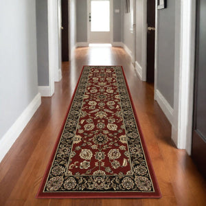 HomeRoots 4' Elegant Red Black and Tan Oriental Area Rug - Durable, Stain-Resistant, Perfect for Any Room 8' Runner 576018