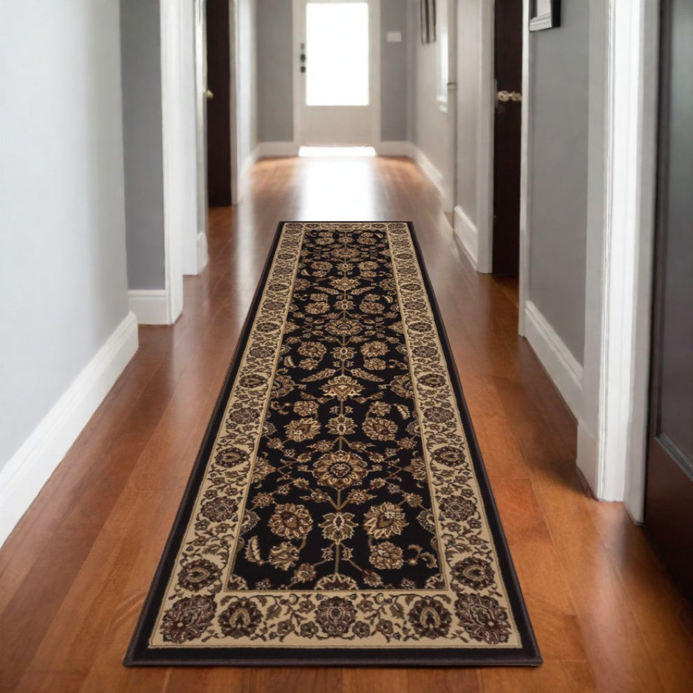 HomeRoots 4' Timeless Brown Ivory and Black Oriental Area Rug - Durable, Stylish, and Easy to Maintain for Any Room 8' Runner 576019