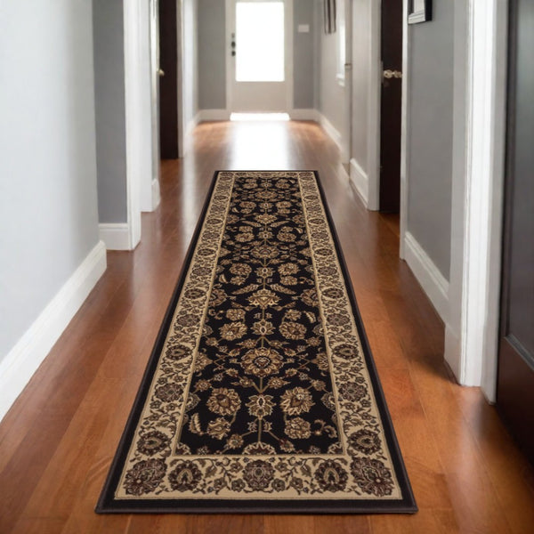 HomeRoots 4' Timeless Brown Ivory and Black Oriental Area Rug - Durable, Stylish, and Easy to Maintain for Any Room 8' Runner 576019