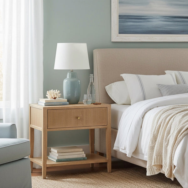 English Elm Fleur Natural 1-Drawer Nightstand with Reeded Drawer, Gold Pull, Tapered Legs, Lower Shelf, 29" H B050P376966