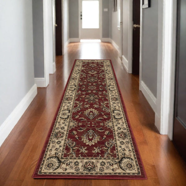 HomeRoots 4' Red Ivory and Black Oriental Area Rug – Classic Style, Durable Construction for Any Room Decor 8' Runner 576020