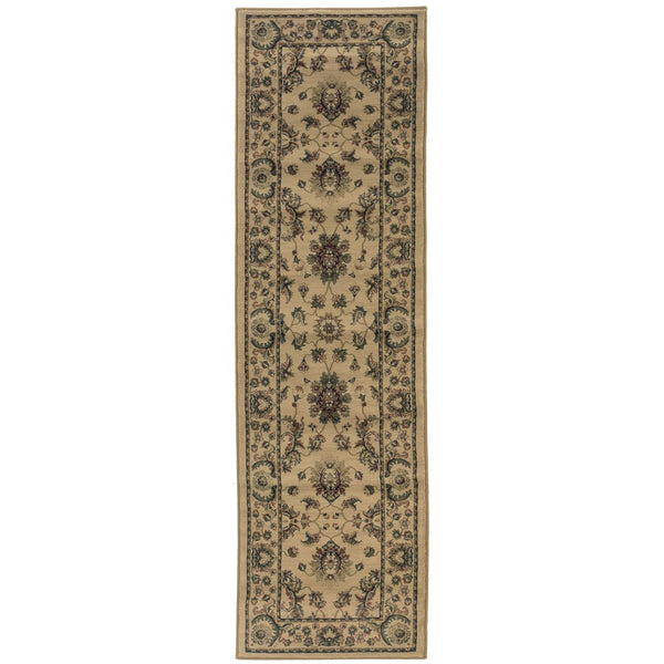 HomeRoots 8' Ivory and Green Oriental Runner Rug for Elegant Hallways, Stain-Resistant and Durable Design 8' Runner 576021