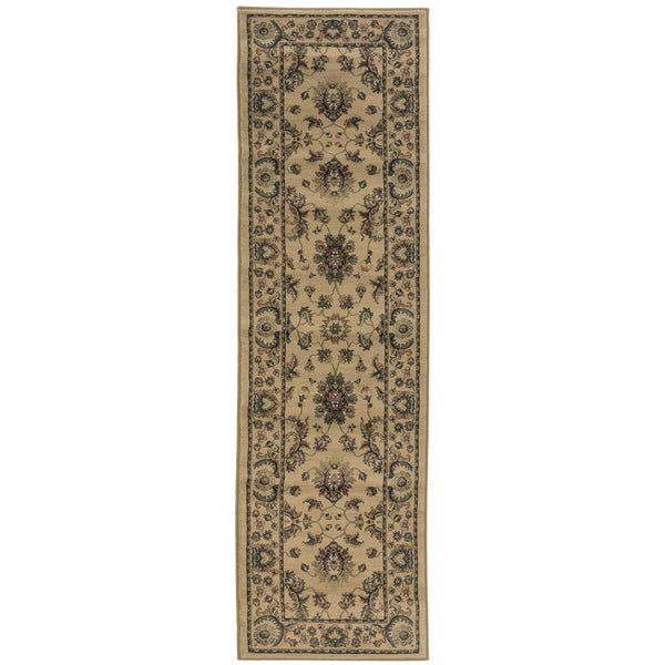 HomeRoots 8' Ivory and Green Oriental Runner Rug for Elegant Hallways, Stain-Resistant and Durable Design 8' Runner 576021