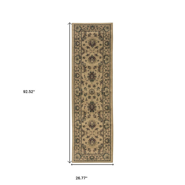 HomeRoots 8' Ivory and Green Oriental Runner Rug for Elegant Hallways, Stain-Resistant and Durable Design 8' Runner 576021