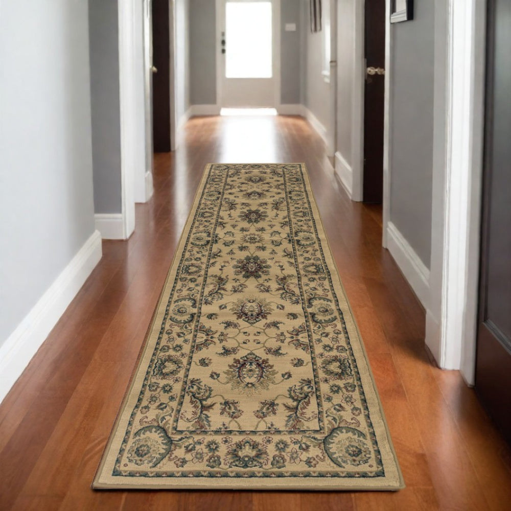 HomeRoots 8' Ivory and Green Oriental Runner Rug for Elegant Hallways, Stain-Resistant and Durable Design 8' Runner 576021