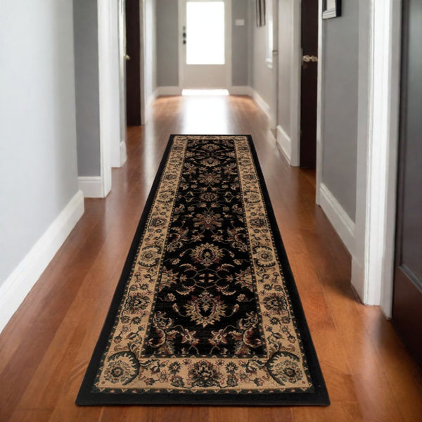 HomeRoots 4' Black Ivory and Brown Oriental Area Rug - Stylish, Durable, Stain-Resistant Design for Any Room 8' Runner 576022