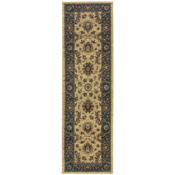 HomeRoots 4' Elegant Ivory Blue Brown Oriental Area Rug – Durable, Stain-Resistant, Easy-Care for Any Room 8' Runner 576023