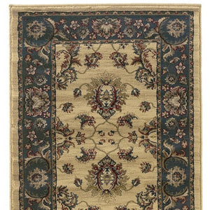 HomeRoots 4' Elegant Ivory Blue Brown Oriental Area Rug – Durable, Stain-Resistant, Easy-Care for Any Room 8' Runner 576023