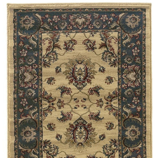 HomeRoots 4' Elegant Ivory Blue Brown Oriental Area Rug – Durable, Stain-Resistant, Easy-Care for Any Room 8' Runner 576023