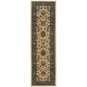 HomeRoots 4' Elegant Ivory Blue Brown Oriental Area Rug – Durable, Stain-Resistant, Easy-Care for Any Room 8' Runner 576023