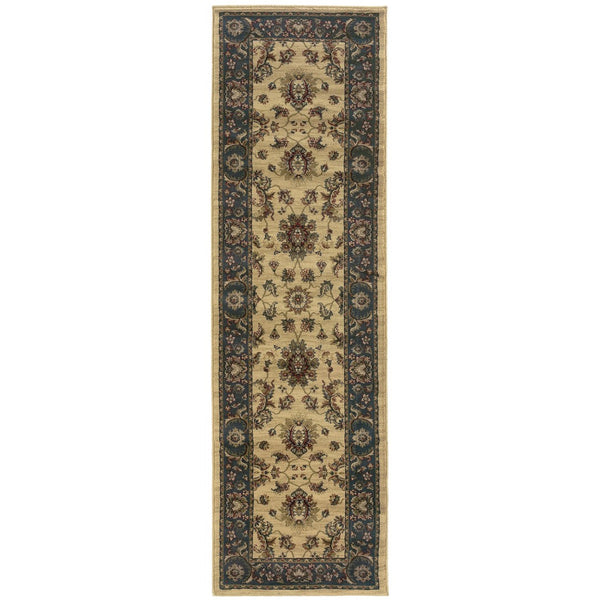 HomeRoots 4' Elegant Ivory Blue Brown Oriental Area Rug – Durable, Stain-Resistant, Easy-Care for Any Room 8' Runner 576023