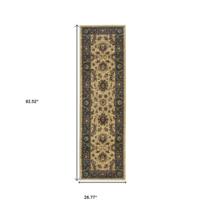 HomeRoots 4' Elegant Ivory Blue Brown Oriental Area Rug – Durable, Stain-Resistant, Easy-Care for Any Room 8' Runner 576023