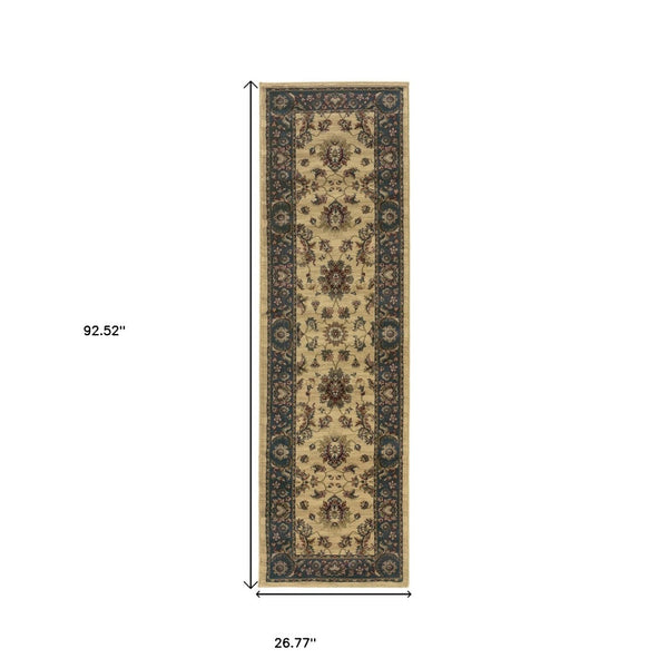 HomeRoots 4' Elegant Ivory Blue Brown Oriental Area Rug – Durable, Stain-Resistant, Easy-Care for Any Room 8' Runner 576023