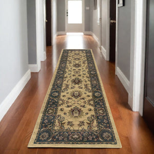 HomeRoots 4' Elegant Ivory Blue Brown Oriental Area Rug – Durable, Stain-Resistant, Easy-Care for Any Room 8' Runner 576023