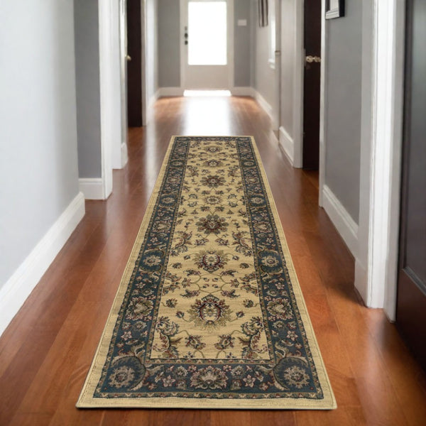 HomeRoots 4' Elegant Ivory Blue Brown Oriental Area Rug – Durable, Stain-Resistant, Easy-Care for Any Room 8' Runner 576023