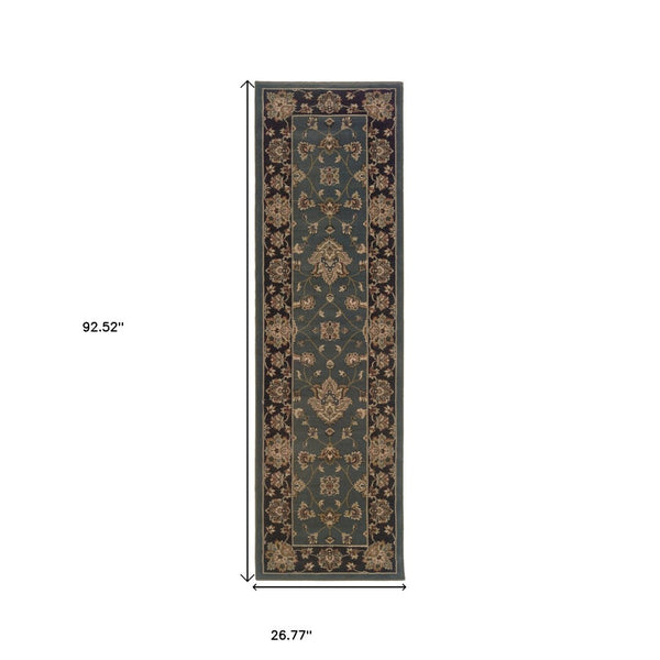 HomeRoots 4' Elegant Teal Ivory Black Floral Area Rug - Durable, Stain-Resistant, Perfect for Family Spaces 8' Runner 576024