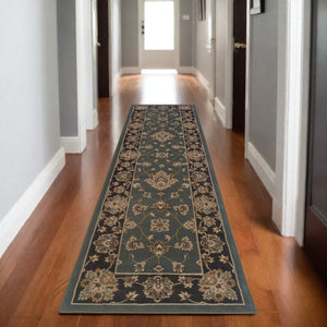 HomeRoots 4' Elegant Teal Ivory Black Floral Area Rug - Durable, Stain-Resistant, Perfect for Family Spaces 8' Runner 576024