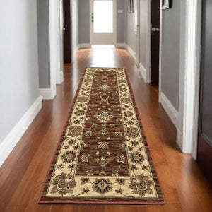 HomeRoots 4' Tan Red and Ivory Floral Area Rug - Timeless Design, Durable, Stain-Resistant for Everyday Use 8' Runner 576026