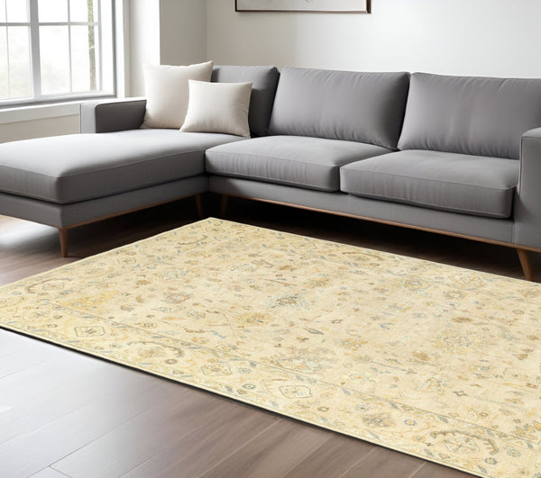 HomeRoots 6' Hand-Knotted Beige and Gray Wool Oriental Area Rug – Timeless Elegance for Any Room Decor 8' X 10' 576040