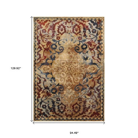 Homeroots 4' Gold Oriental Area Rug – Stylish Distressed Design, Stain Resistant For Homes With Kids & Pets 8' X 11' Polypropylene,Polyester 576046