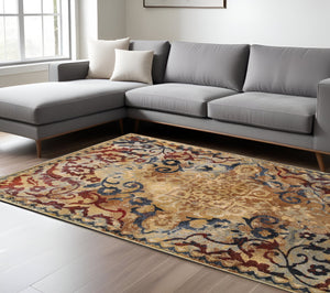 Homeroots 4' Gold Oriental Area Rug – Stylish Distressed Design, Stain Resistant For Homes With Kids & Pets 8' X 11' Polypropylene,Polyester 576046