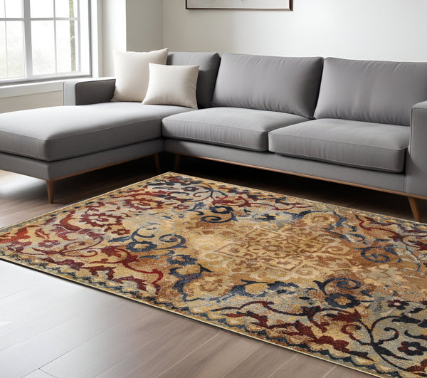 Homeroots 4' Gold Oriental Area Rug – Stylish Distressed Design, Stain Resistant For Homes With Kids & Pets 8' X 11' Polypropylene,Polyester 576046