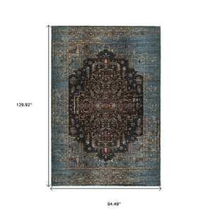 Homeroots 4' Blue Medallion Distressed Area Rug – Stylish Stain Resistant Design For Homes With Kids & Pets 8' X 11' Polypropylene,Polyester 576048