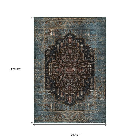 Homeroots 4' Blue Medallion Distressed Area Rug – Stylish Stain Resistant Design For Homes With Kids & Pets 8' X 11' Polypropylene,Polyester 576048