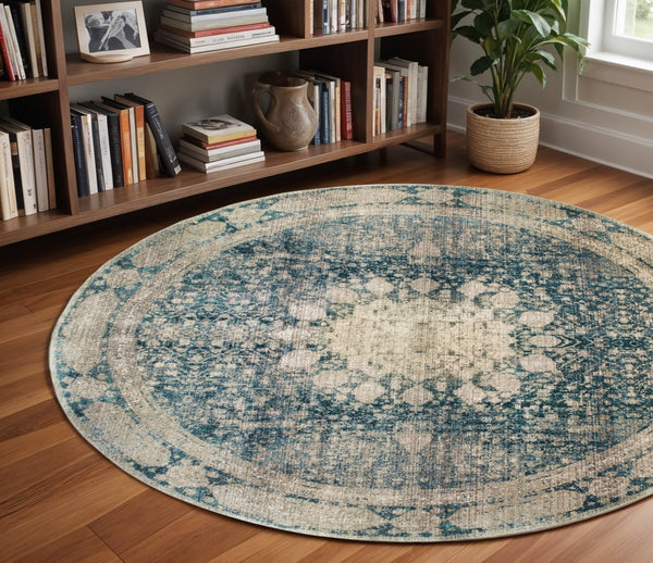 Homeroots 4' Ivory Oriental Area Rug – Distressed Design For A Timeless Touch In Any Home Décor Space 7'10" Round Polypropylene,Polyester 576049