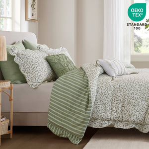 English Elm 5-piece Queen Microfiber Comforter Set Soft Printed Bedding with Decorative Pillows Sage Green B035P482936