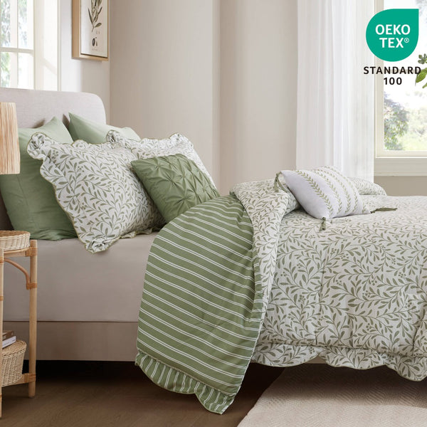 English Elm 5-piece Queen Microfiber Comforter Set Soft Printed Bedding with Decorative Pillows Sage Green B035P482936