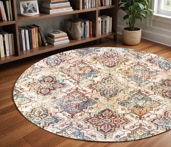 Homeroots 4' Ivory And Gold Oriental Area Rug - Elegant Power Loom Design For Warmth And Style In Any Space 7'10" Round Polypropylene,Polyester 576051