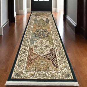 Homeroots 4' Navy Blue Oriental Area Rug With Fringe – Stylish, Stain-resistant Design For Every Home Space 10' Runner Polypropylene 576055