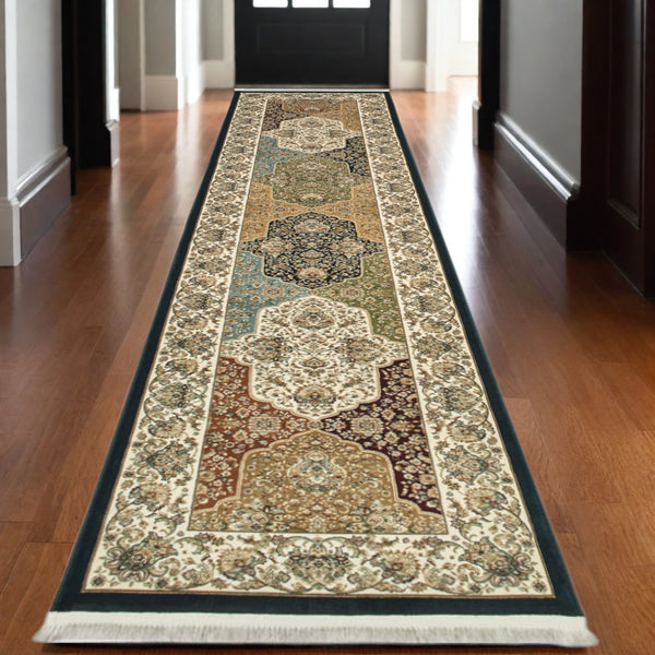 Homeroots 4' Navy Blue Oriental Area Rug With Fringe – Stylish, Stain-resistant Design For Every Home Space 10' Runner Polypropylene 576055