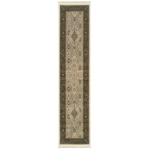 HomeRoots 4' Timeless Ivory and Dark Blue Medallion Area Rug with Fringed Edges for Elegant Home Décor 10' Runner 576057
