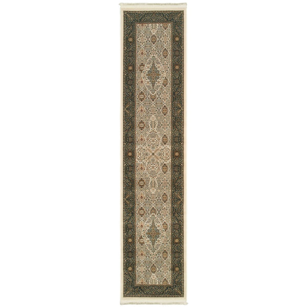 HomeRoots 4' Timeless Ivory and Dark Blue Medallion Area Rug with Fringed Edges for Elegant Home Décor 10' Runner 576057