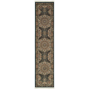 HomeRoots 4' Dark Blue, Black and Teal Medallion Area Rug with Fringed Edges for Timeless Home Elegance 10' Runner 576058