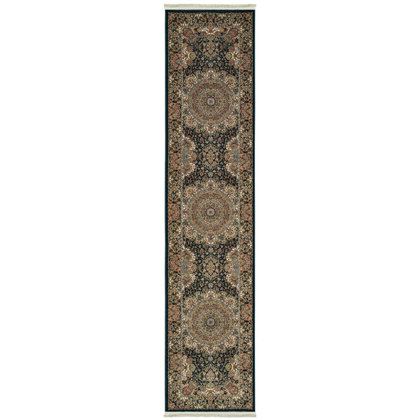 HomeRoots 4' Dark Blue, Black and Teal Medallion Area Rug with Fringed Edges for Timeless Home Elegance 10' Runner 576058