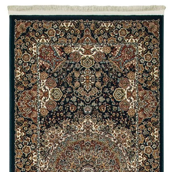 Homeroots 4' Dark Blue Medallion Area Rug With Fringe - Stylish, Stain-resistant Design For Any Room 10' Runner Polypropylene 576058