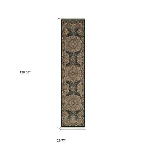 Homeroots 4' Dark Blue Medallion Area Rug With Fringe - Stylish, Stain-resistant Design For Any Room 10' Runner Polypropylene 576058