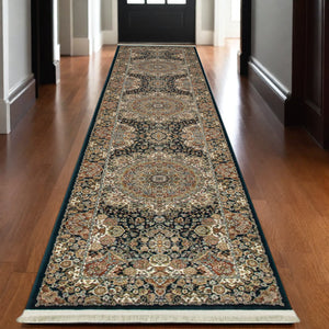 Homeroots 4' Dark Blue Medallion Area Rug With Fringe - Stylish, Stain-resistant Design For Any Room 10' Runner Polypropylene 576058