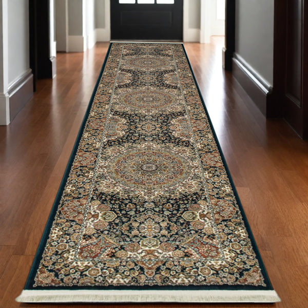 Homeroots 4' Dark Blue Medallion Area Rug With Fringe - Stylish, Stain-resistant Design For Any Room 10' Runner Polypropylene 576058