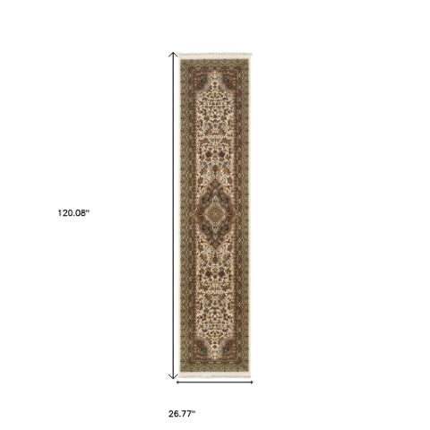 Homeroots 4' Elegant Ivory Medallion Area Rug With Fringe - Stain Resistant, Perfect For Any Home Decor 10' Runner Polypropylene 576059