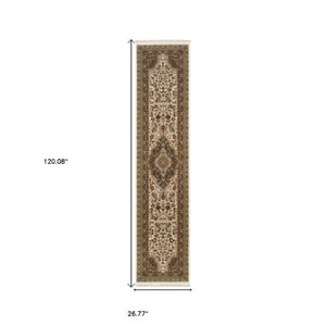 Homeroots 4' Elegant Ivory Medallion Area Rug With Fringe - Stain Resistant, Perfect For Any Home Decor 10' Runner Polypropylene 576059