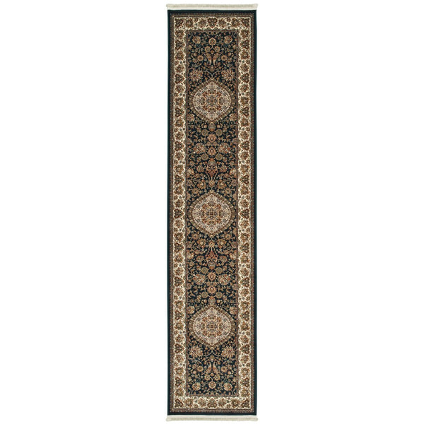 HomeRoots 4' Elegant Tan, Black, and Ivory Medallion Area Rug with Fringed Edges for Timeless Style 10' Runner 576060