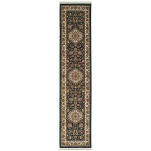 Homeroots 4' Dark Blue Medallion Area Rug With Fringe – Stain Resistant, Stylish Design For Any Room 10' Runner Polypropylene 576060
