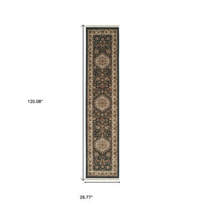Homeroots 4' Dark Blue Medallion Area Rug With Fringe – Stain Resistant, Stylish Design For Any Room 10' Runner Polypropylene 576060